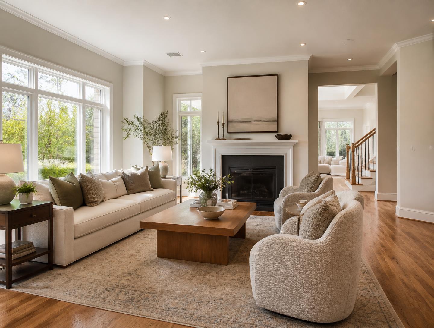 The same living room shown fully staged
